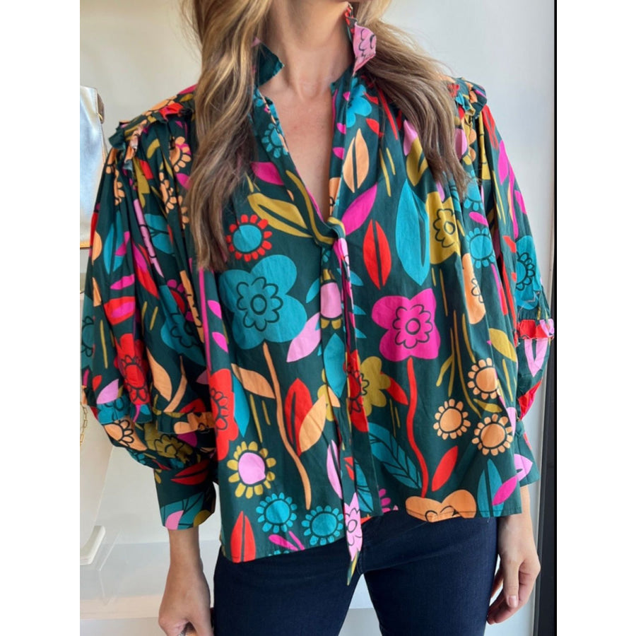 Printed Lantern Sleeve Blouse Multicolor / S Apparel and Accessories