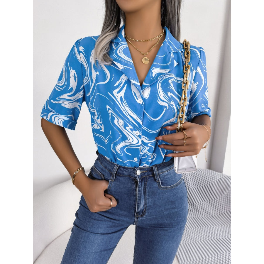 Printed Lapel Collar Shirt Sky Blue / S