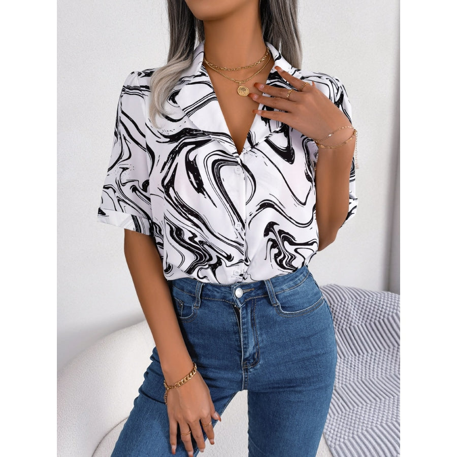 Printed Lapel Collar Shirt White / S