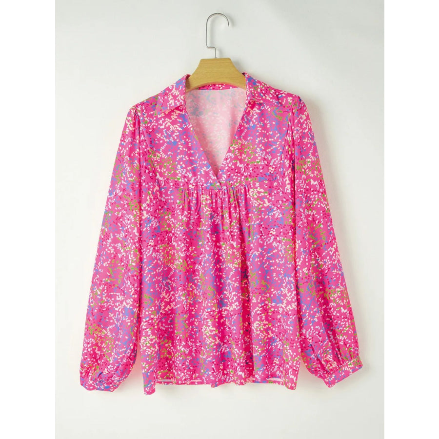 Printed Long Sleeve Blouse Hot Pink / S Apparel and Accessories