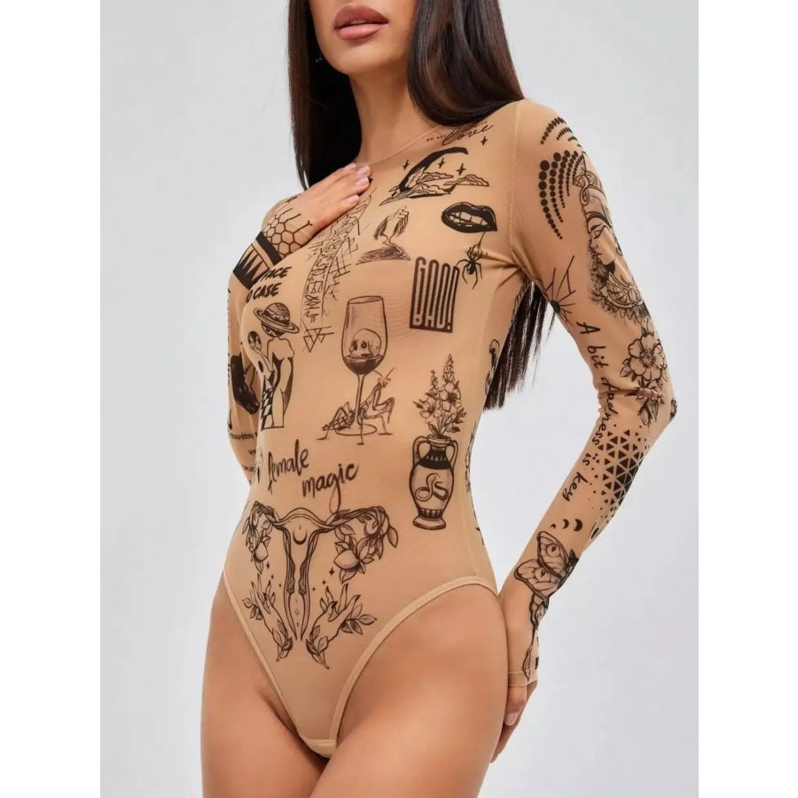 Printed Long Sleeve Bodysuit Tan / S Apparel and Accessories