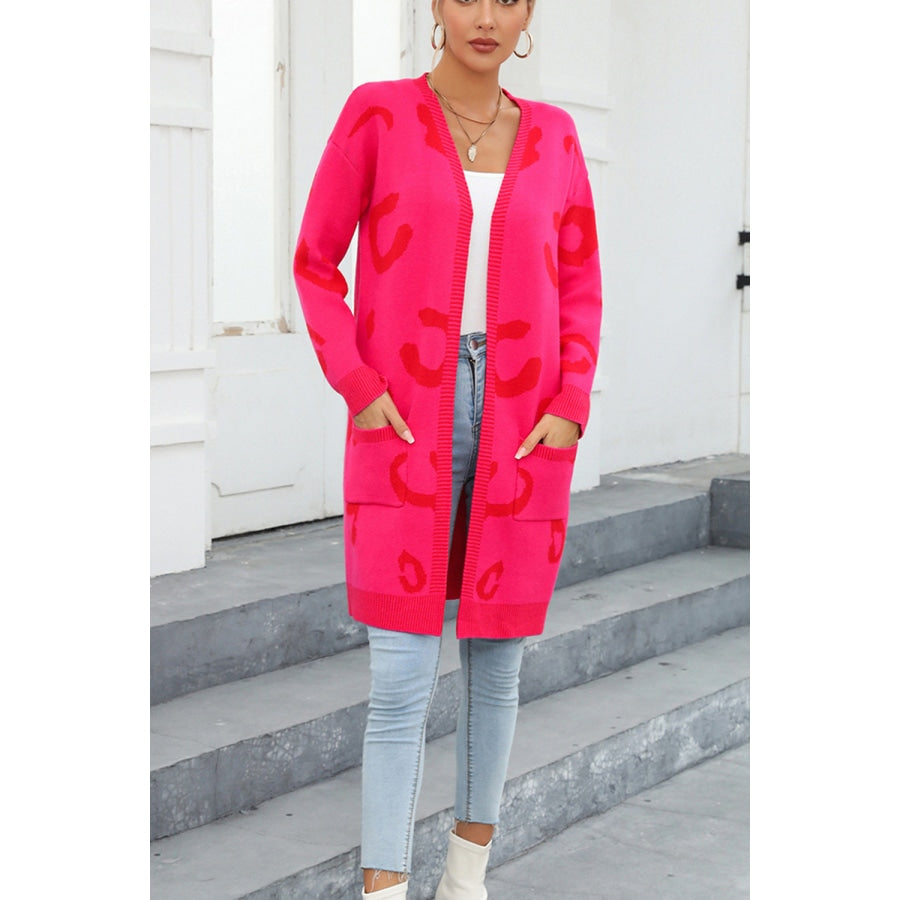 Printed Long Sleeve Cardigan with Pockets Hot Pink / S