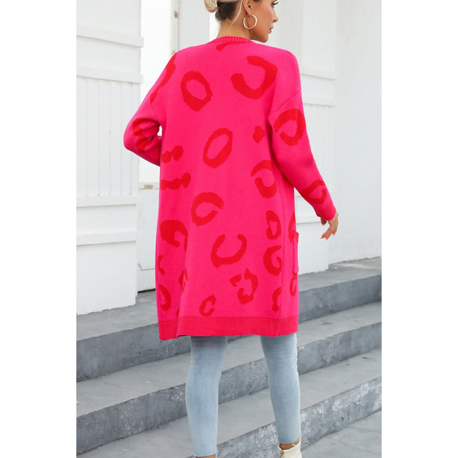 Printed Long Sleeve Cardigan with Pockets Hot Pink / S