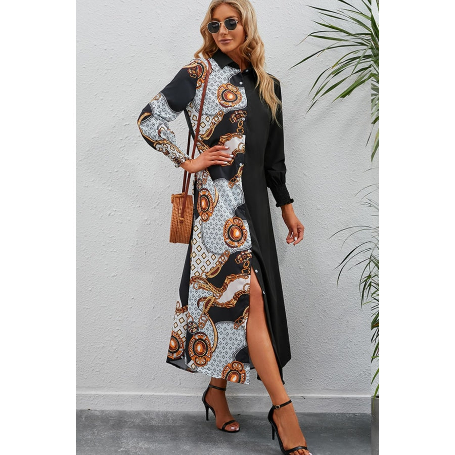 Printed Long Sleeve Collared Dress