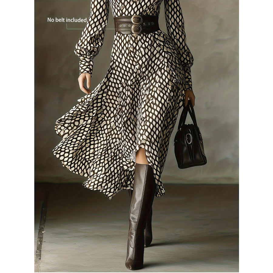 Printed Long Sleeve Midi Dress Apparel and Accessories