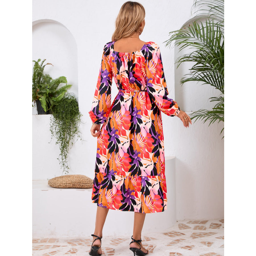 Printed Long Sleeve Midi Dress Orange-Red / S Apparel and Accessories