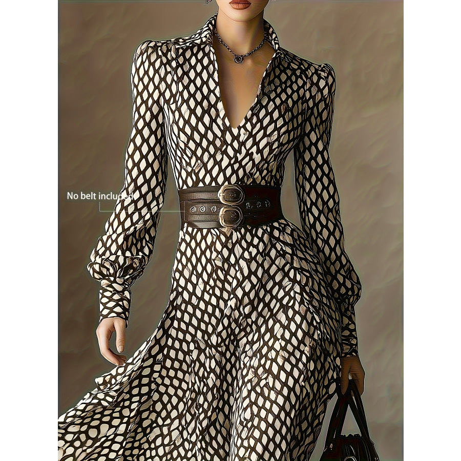 Printed Long Sleeve Midi Dress Apparel and Accessories