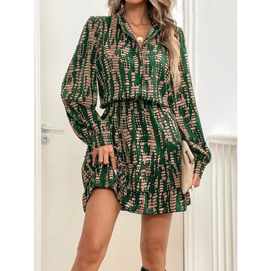 Printed Long Sleeve Mini Dress Dark Green / S Apparel and Accessories