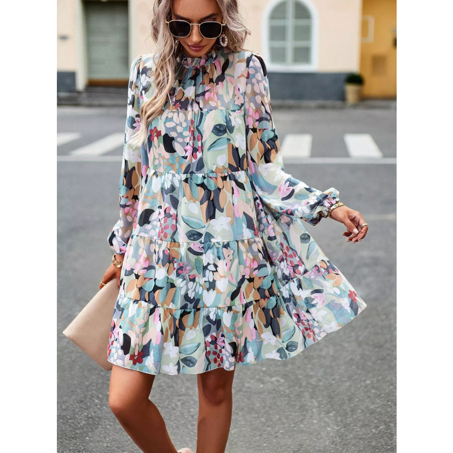 Printed Long Sleeve Mini Dress Green / S Apparel and Accessories