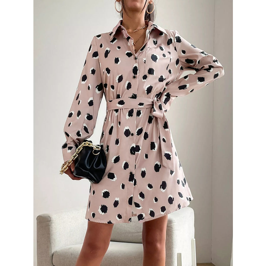 Printed Long Sleeve Mini Shirt Dress Pale Blush / S Apparel and Accessories