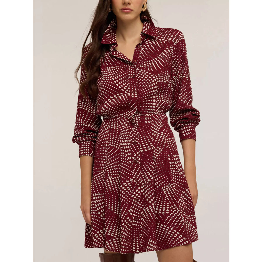 Printed Long Sleeve Mini Shirt Dress Red / S Apparel and Accessories