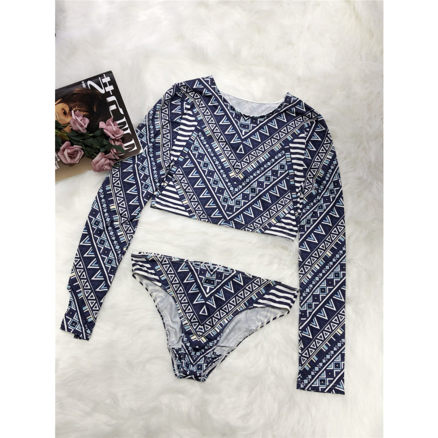 Printed Long Sleeve Top and Brief Swim Set Apparel Accessories
