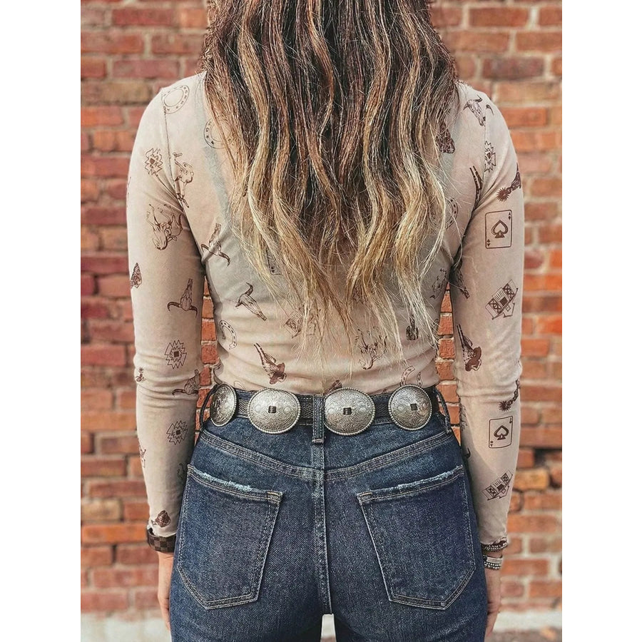 Printed Mesh Long Sleeve Slim Fit Top Apparel and Accessories