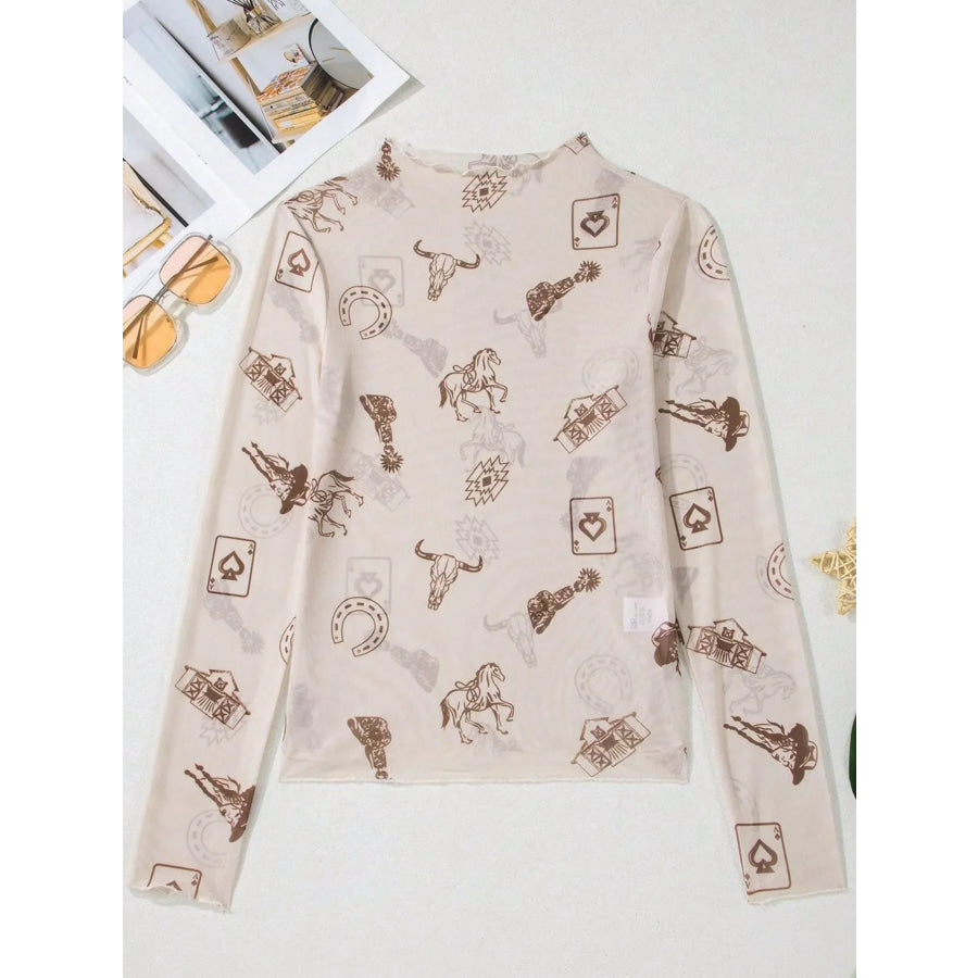 Printed Mesh Long Sleeve Slim Fit Top Apparel and Accessories