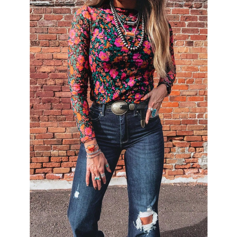 Printed Mesh Long Sleeve Slim Fit Top Apparel and Accessories