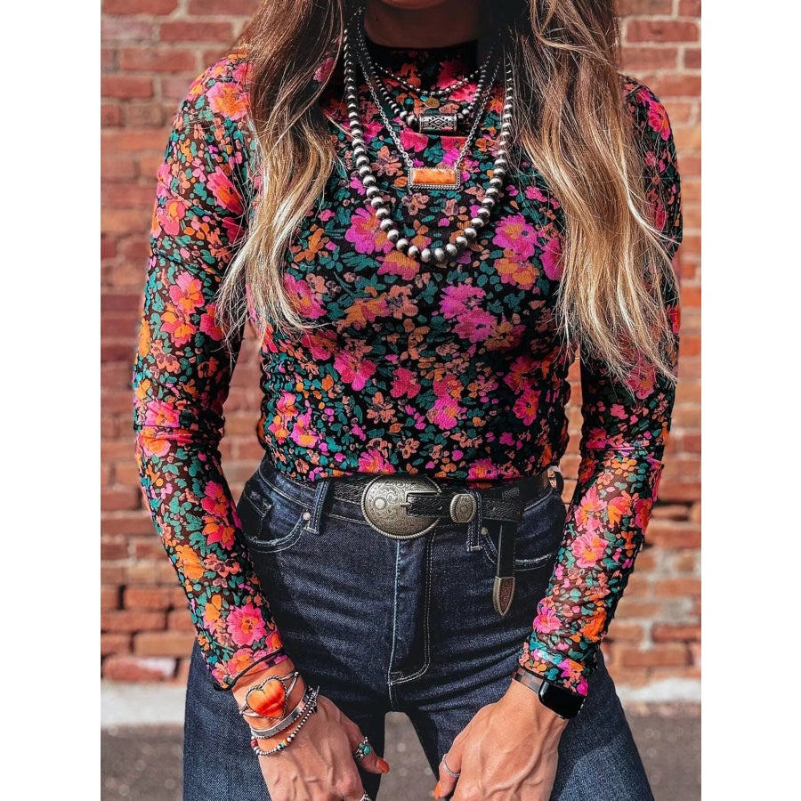 Printed Mesh Long Sleeve Slim Fit Top Apparel and Accessories