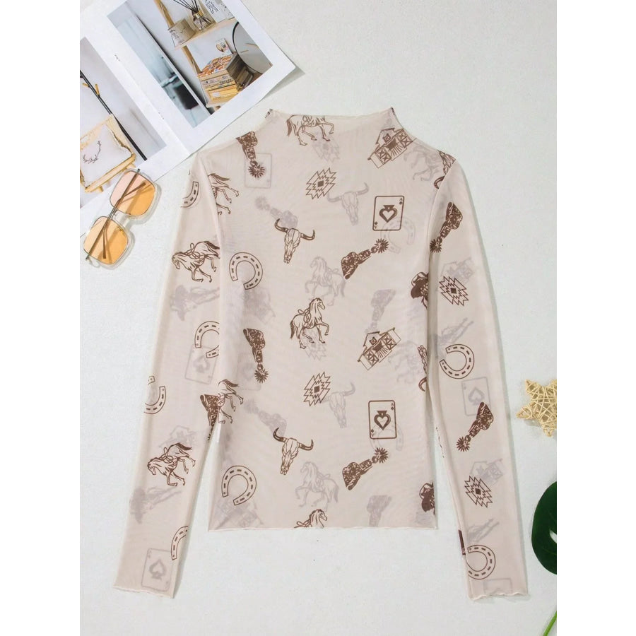 Printed Mesh Long Sleeve Slim Fit Top Apparel and Accessories