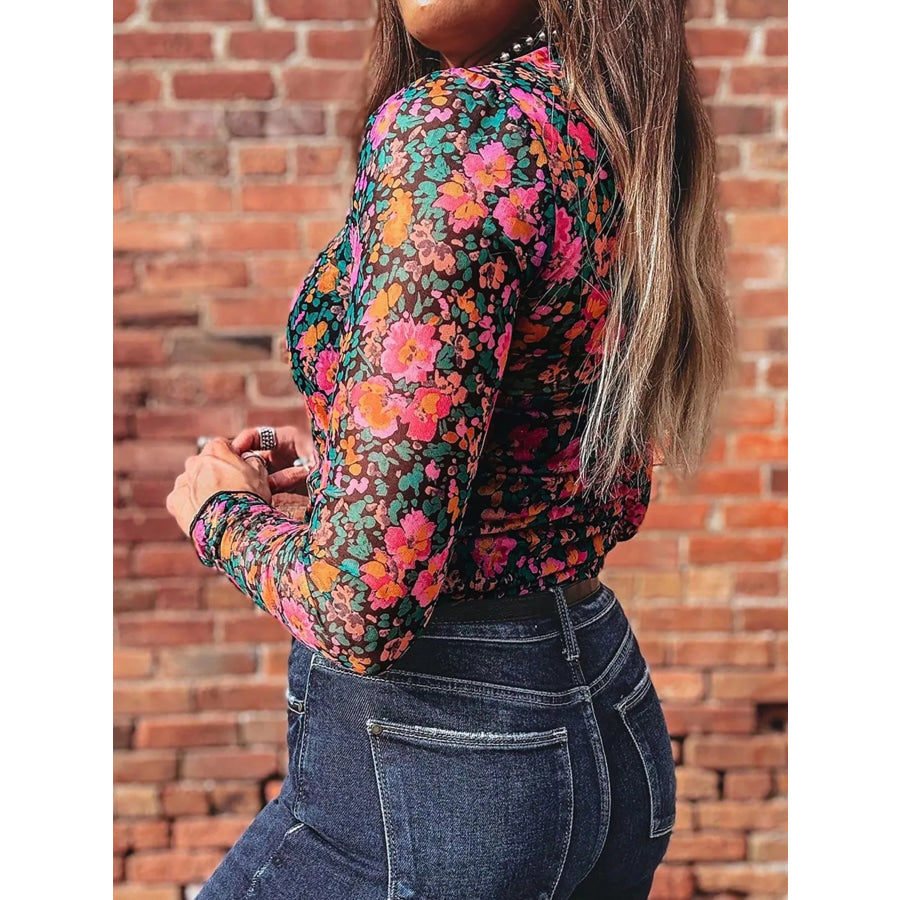 Printed Mesh Long Sleeve Slim Fit Top Apparel and Accessories