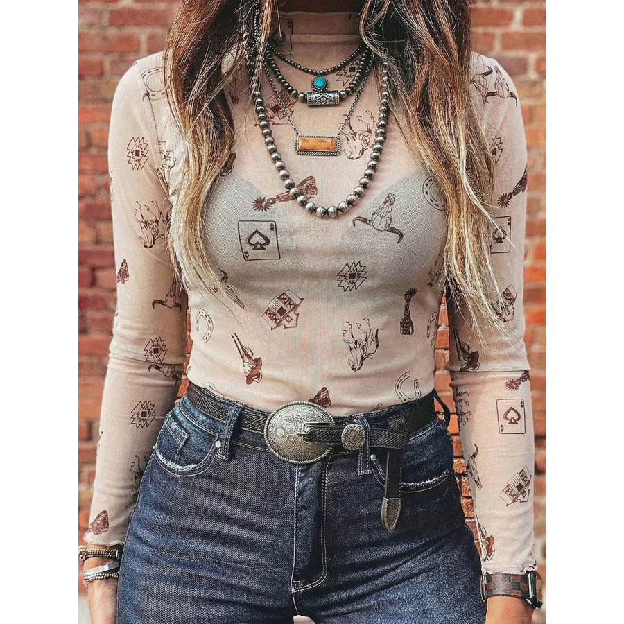 Printed Mesh Long Sleeve Slim Fit Top Eggshell / S Apparel and Accessories