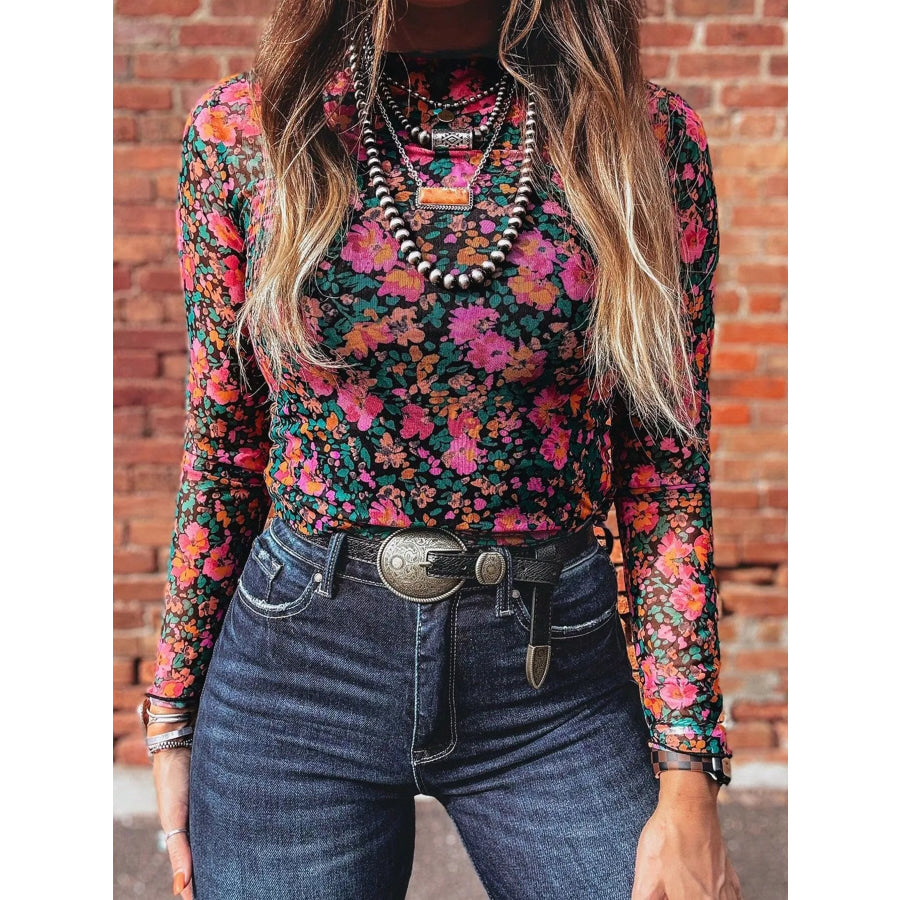 Printed Mesh Long Sleeve Slim Fit Top Floral / S Apparel and Accessories
