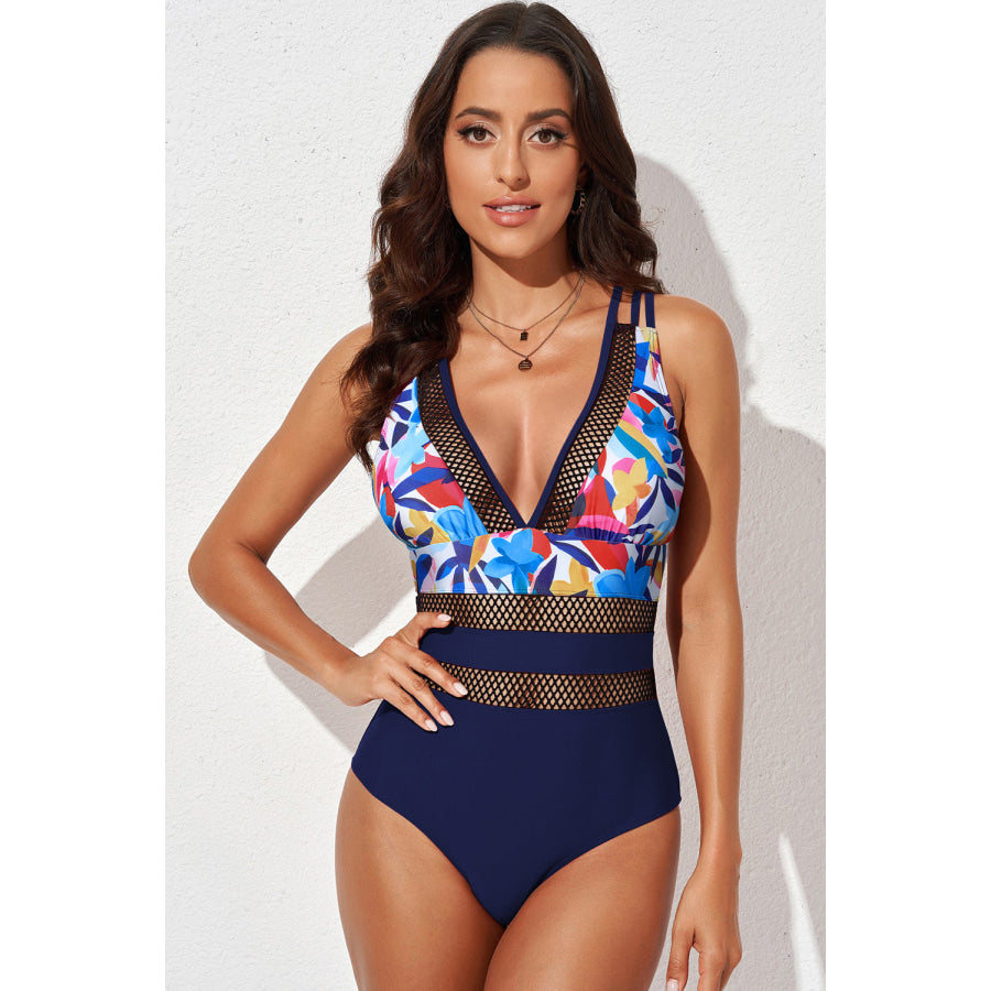 Printed Mesh Plunge One-Piece Swimsuit Dark Blue / S Apparel and Accessories