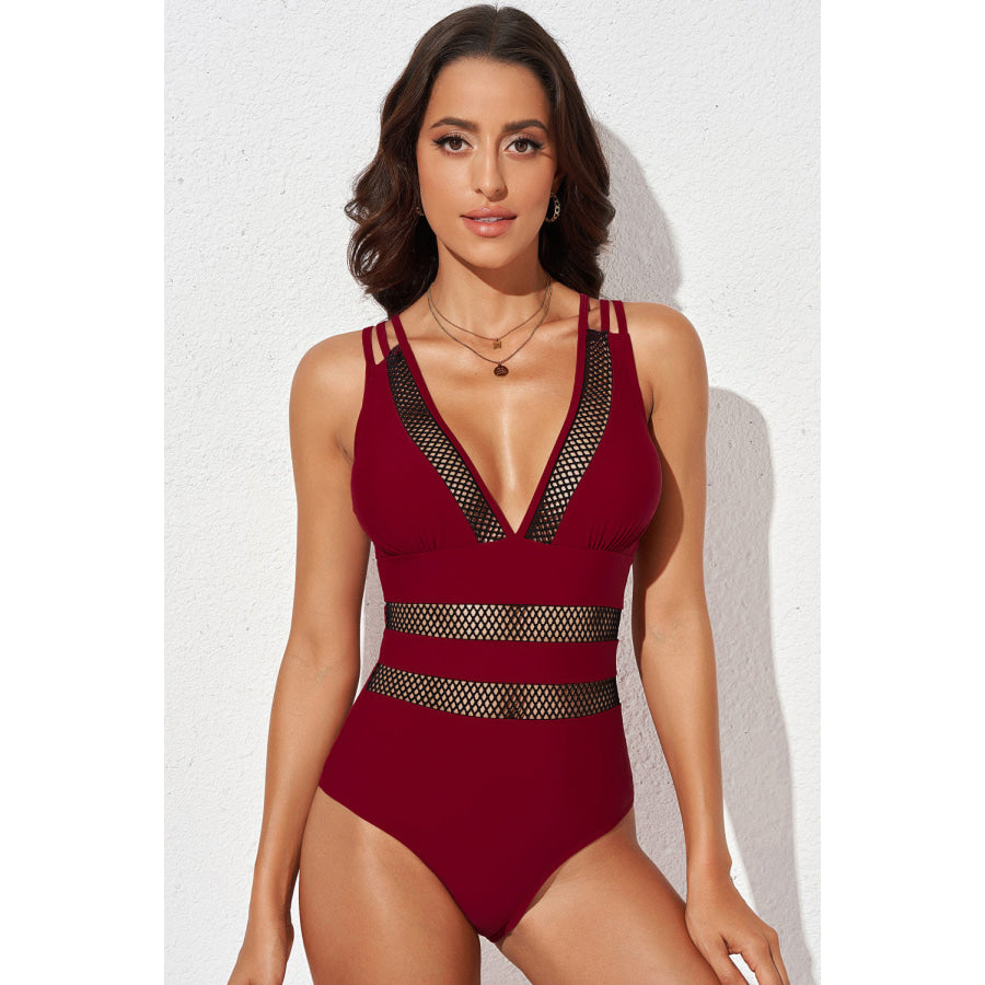 Printed Mesh Plunge One-Piece Swimsuit Deep Red / S Apparel and Accessories