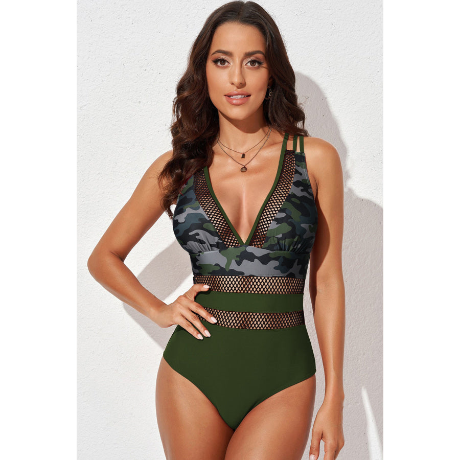 Printed Mesh Plunge One-Piece Swimsuit Green Camouflage / S Apparel and Accessories