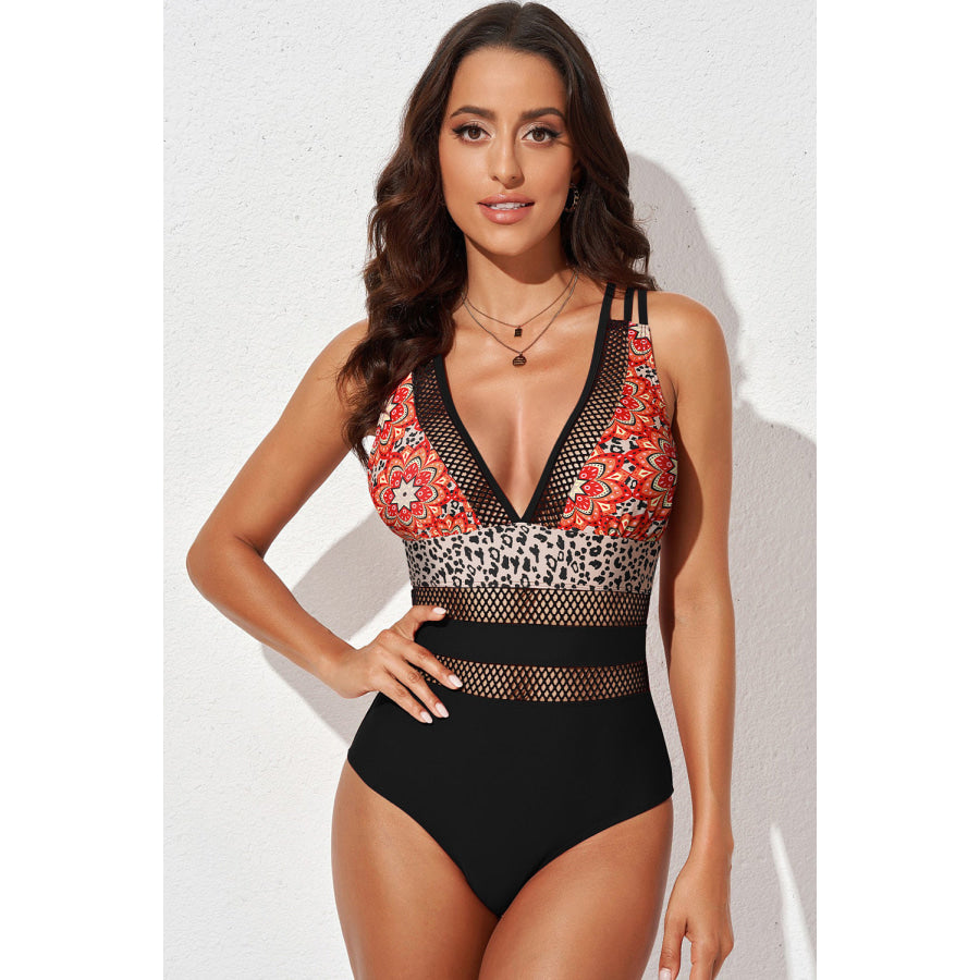 Printed Mesh Plunge One-Piece Swimsuit Leopard / S Apparel and Accessories