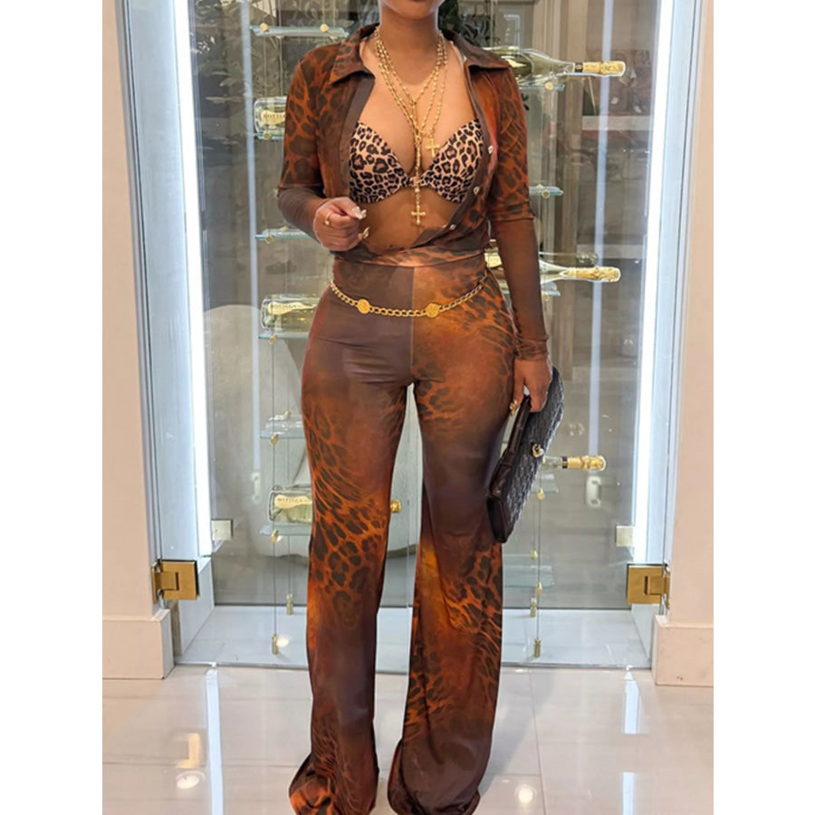 Printed Mesh Shirt and Pants Set Leopard / S Apparel and Accessories