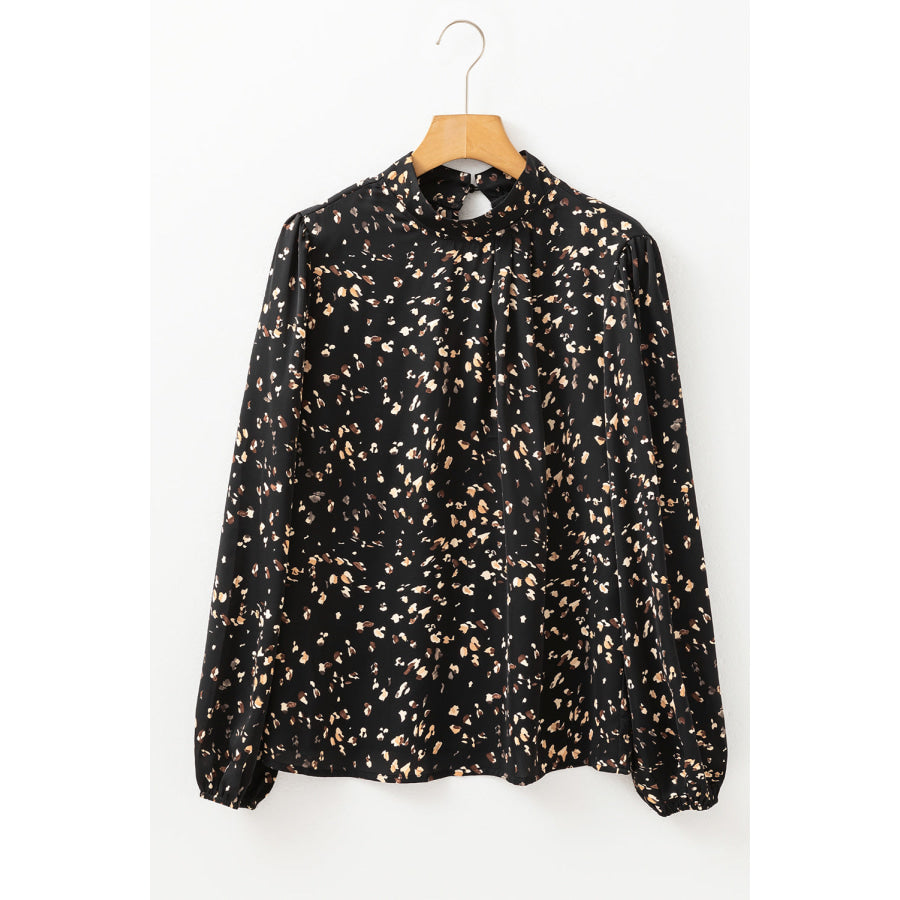 Printed Mock Neck Balloon Sleeve Blouse Apparel and Accessories