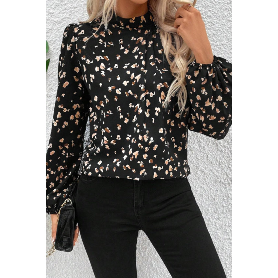 Printed Mock Neck Balloon Sleeve Blouse Apparel and Accessories