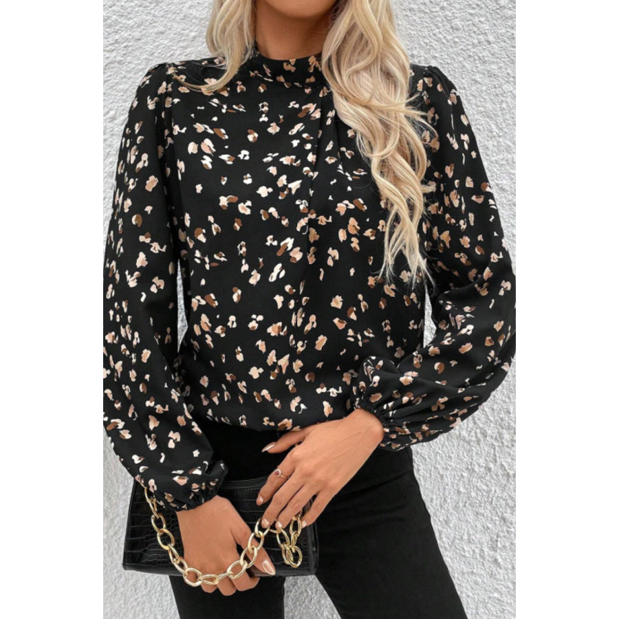 Printed Mock Neck Balloon Sleeve Blouse Black / S Apparel and Accessories