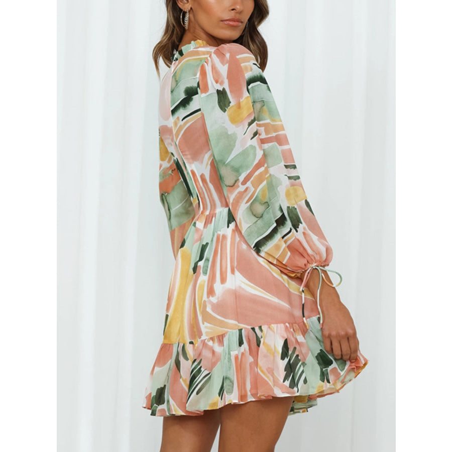 Printed Mock Neck Balloon Sleeve Mini Dress Multicolor / S Apparel and Accessories