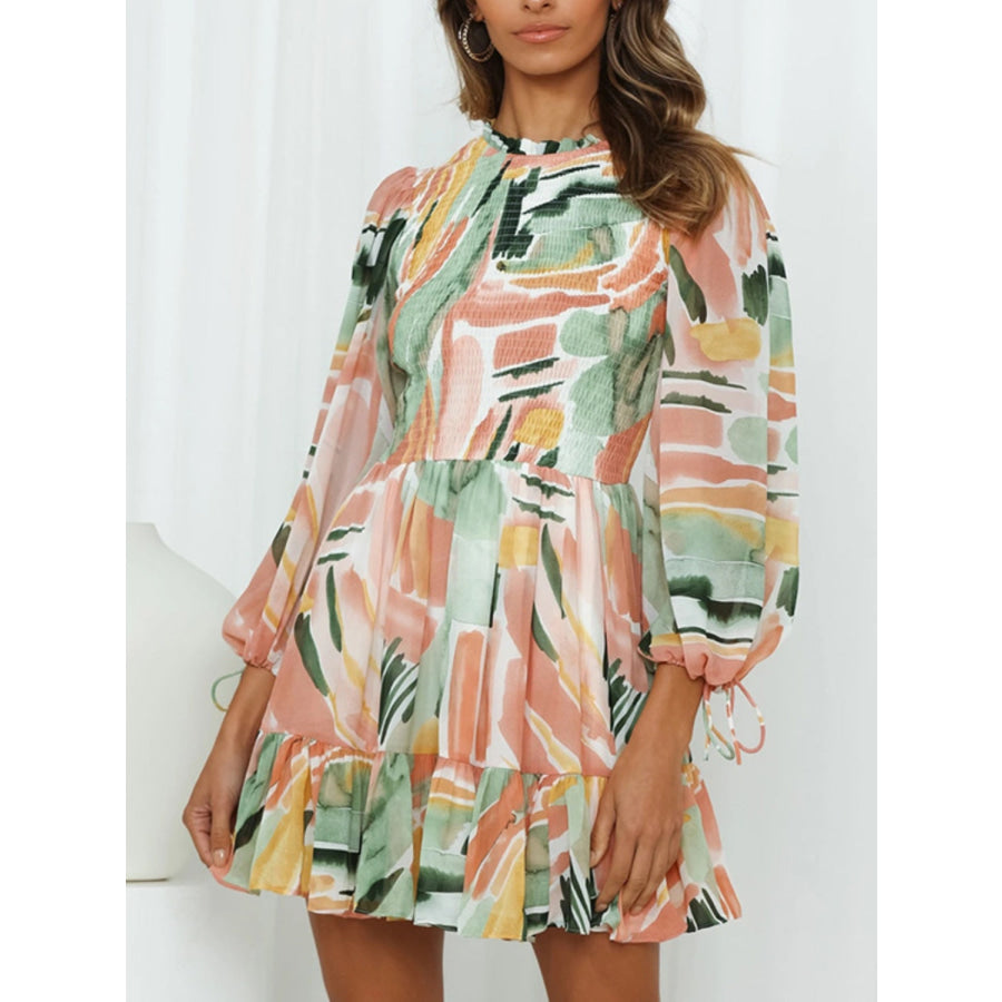 Printed Mock Neck Balloon Sleeve Mini Dress Apparel and Accessories