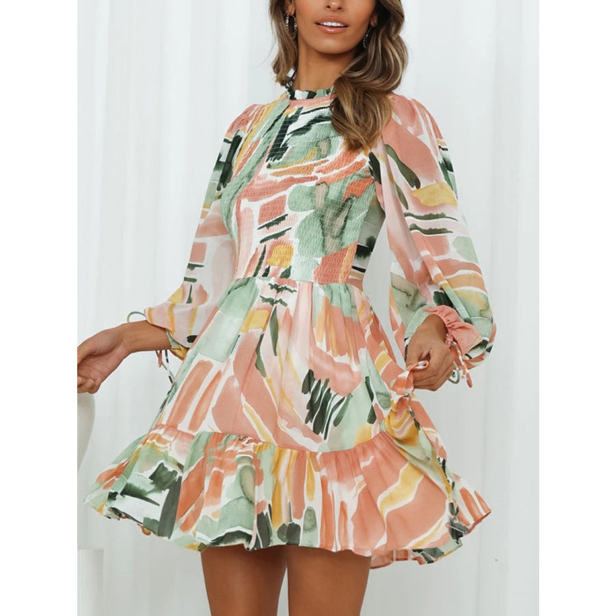 Printed Mock Neck Balloon Sleeve Mini Dress Apparel and Accessories