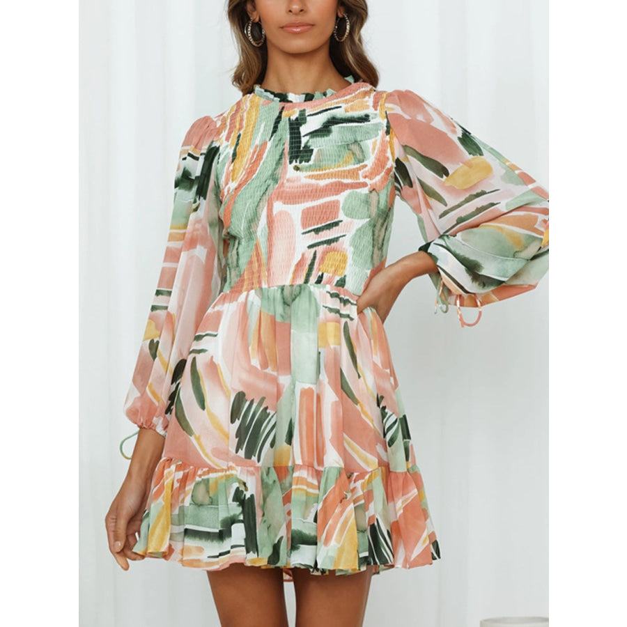 Printed Mock Neck Balloon Sleeve Mini Dress Multicolor / S Apparel and Accessories
