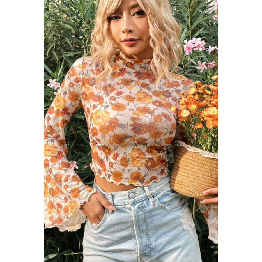 Printed Mock Neck Flare Sleeve Top Apparel and Accessories