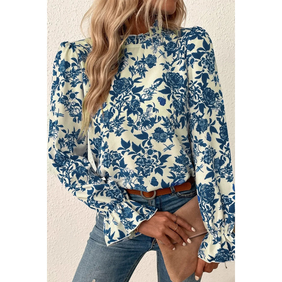 Printed Mock Neck Flounce Sleeve Blouse Apparel and Accessories