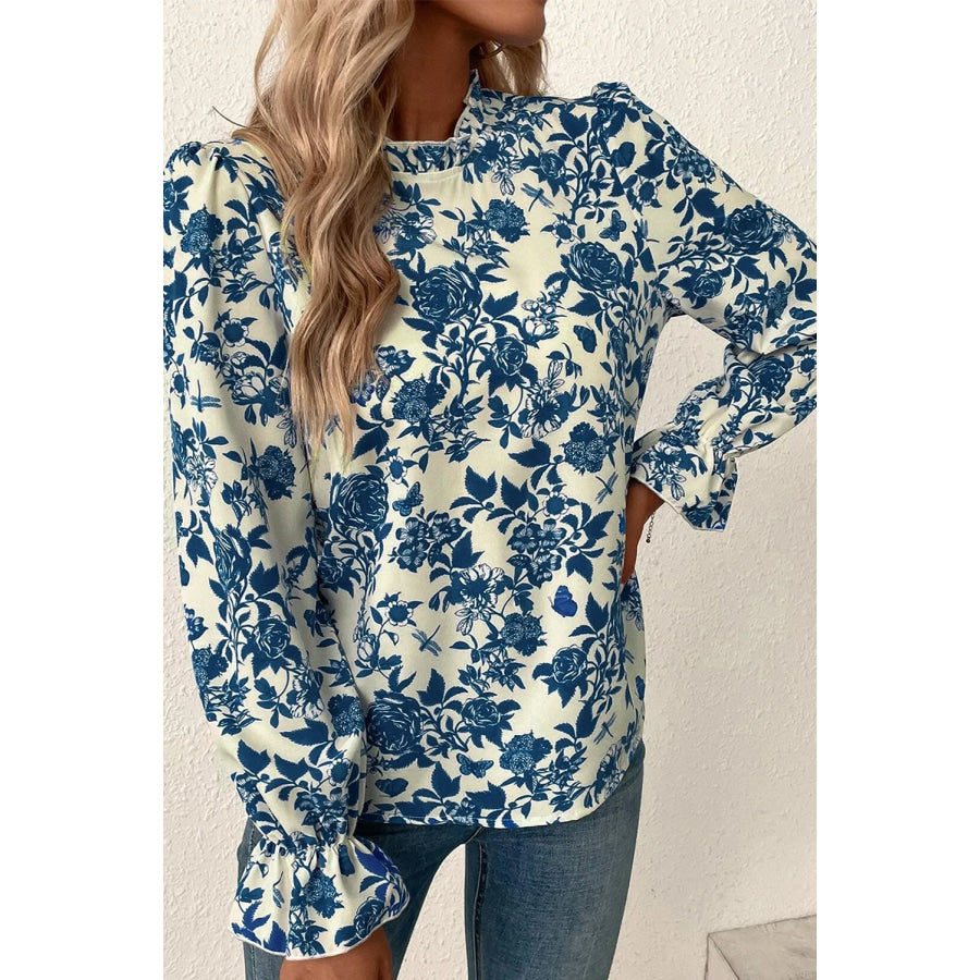 Printed Mock Neck Flounce Sleeve Blouse Apparel and Accessories