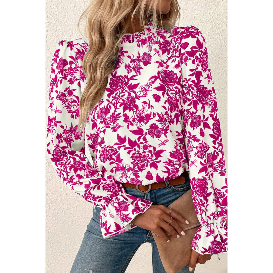 Printed Mock Neck Flounce Sleeve Blouse Deep Rose / L Apparel and Accessories