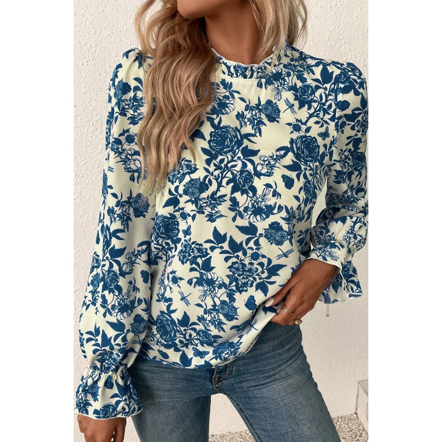 Printed Mock Neck Flounce Sleeve Blouse Peacock Blue / S Apparel and Accessories