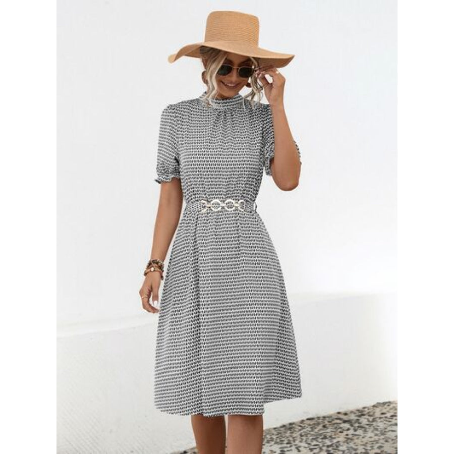 Printed Mock Neck Flounce Sleeve Dress Apparel and Accessories