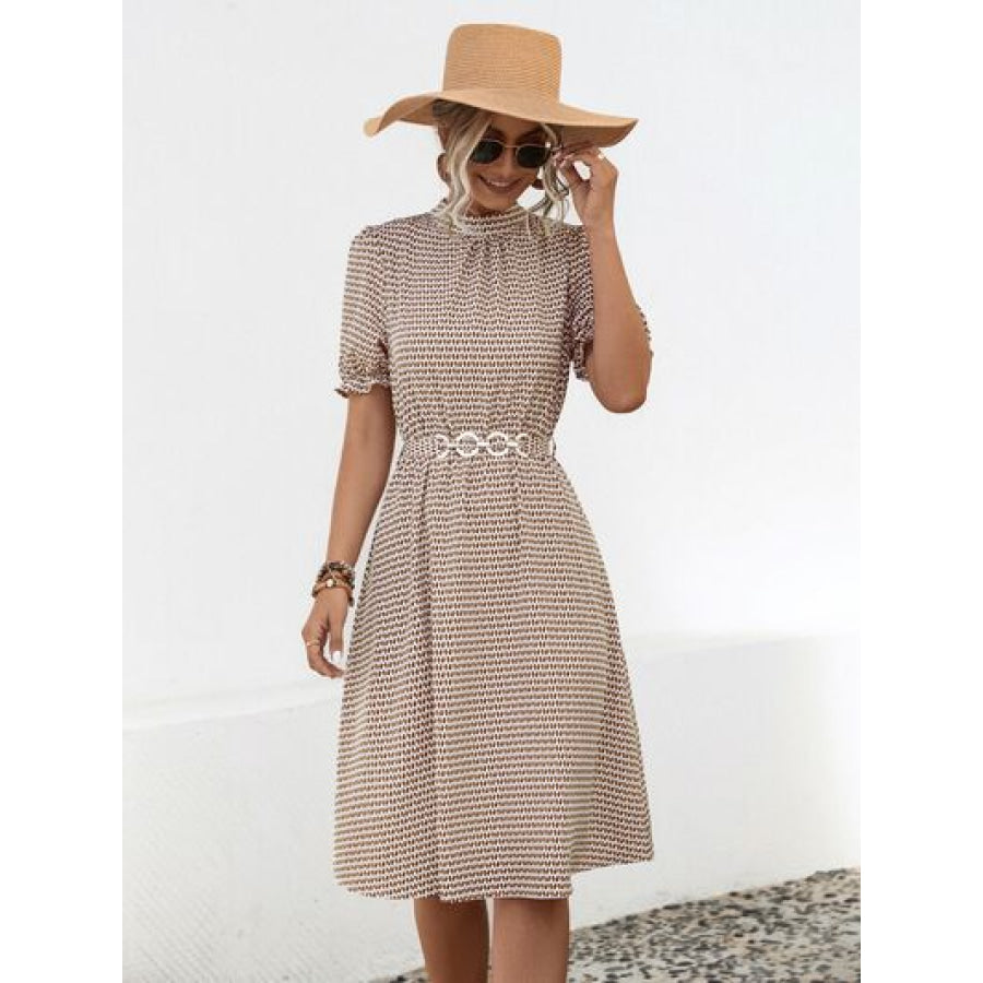 Printed Mock Neck Flounce Sleeve Dress Apparel and Accessories