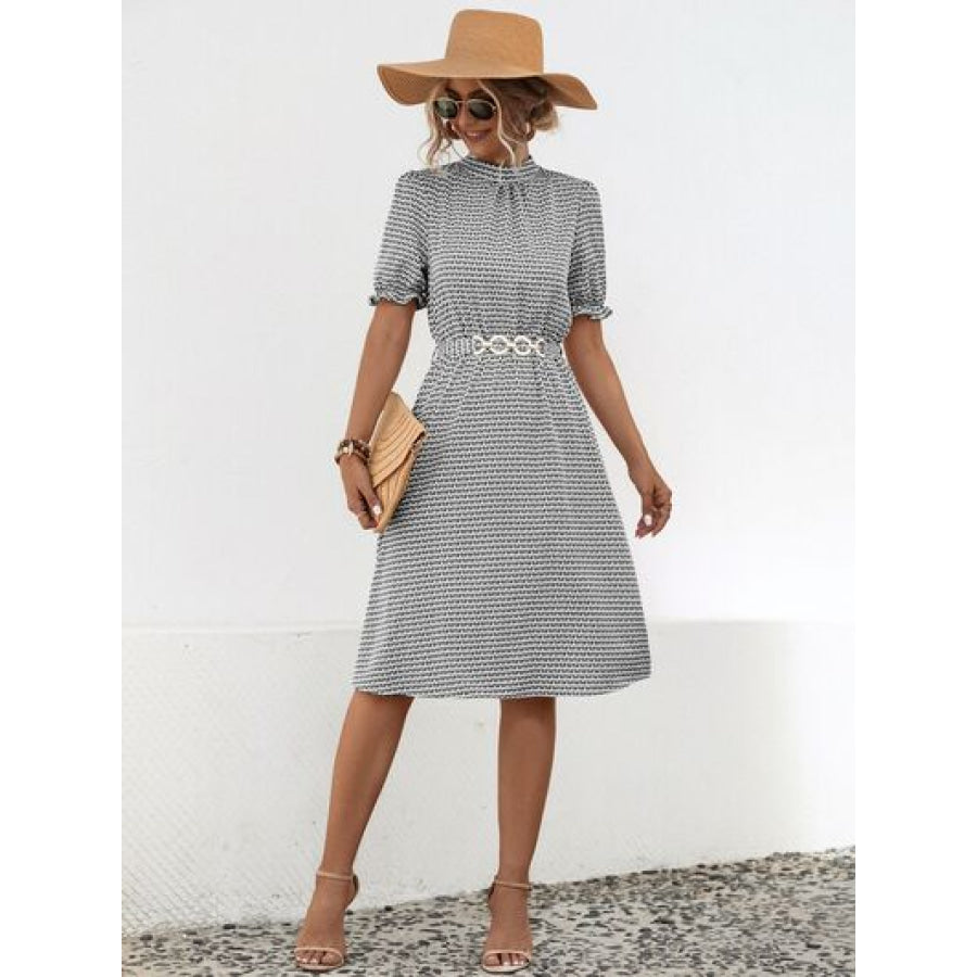 Printed Mock Neck Flounce Sleeve Dress Apparel and Accessories