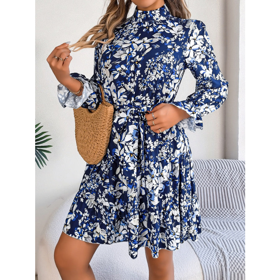 Printed Mock Neck Flounce Sleeve Mini Dress Apparel and Accessories