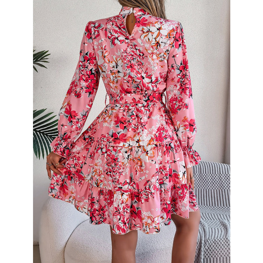 Printed Mock Neck Flounce Sleeve Mini Dress Deep Rose / S Apparel and Accessories