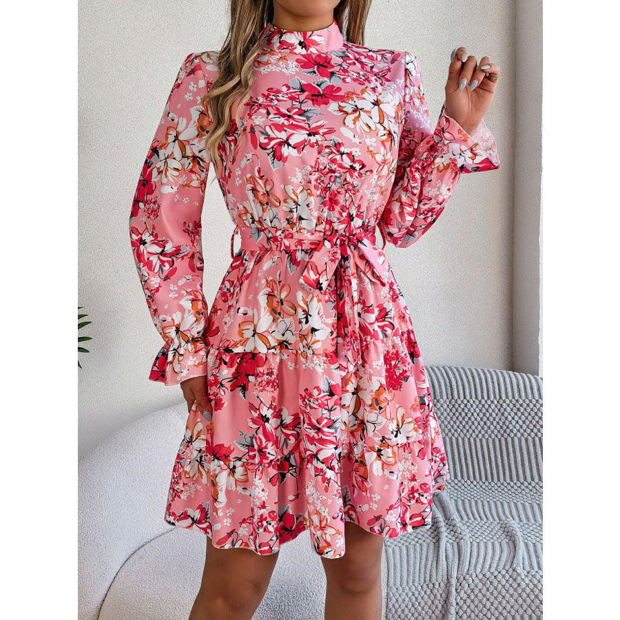 Printed Mock Neck Flounce Sleeve Mini Dress Apparel and Accessories