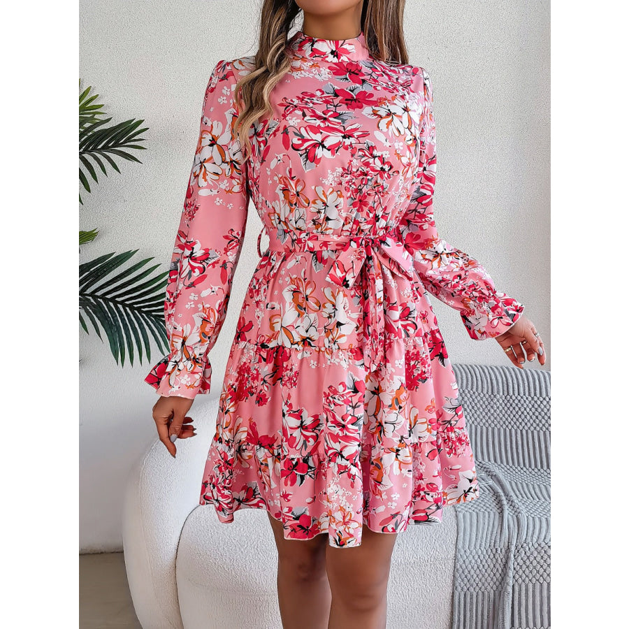 Printed Mock Neck Flounce Sleeve Mini Dress Apparel and Accessories