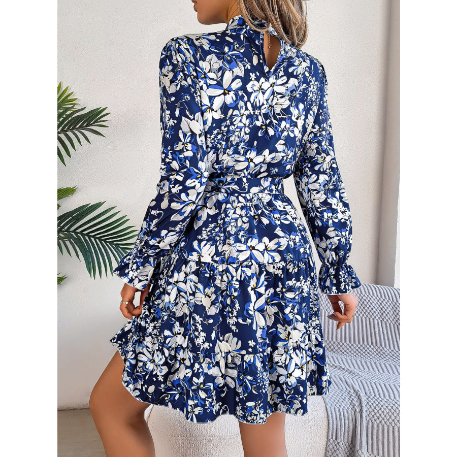 Printed Mock Neck Flounce Sleeve Mini Dress Apparel and Accessories