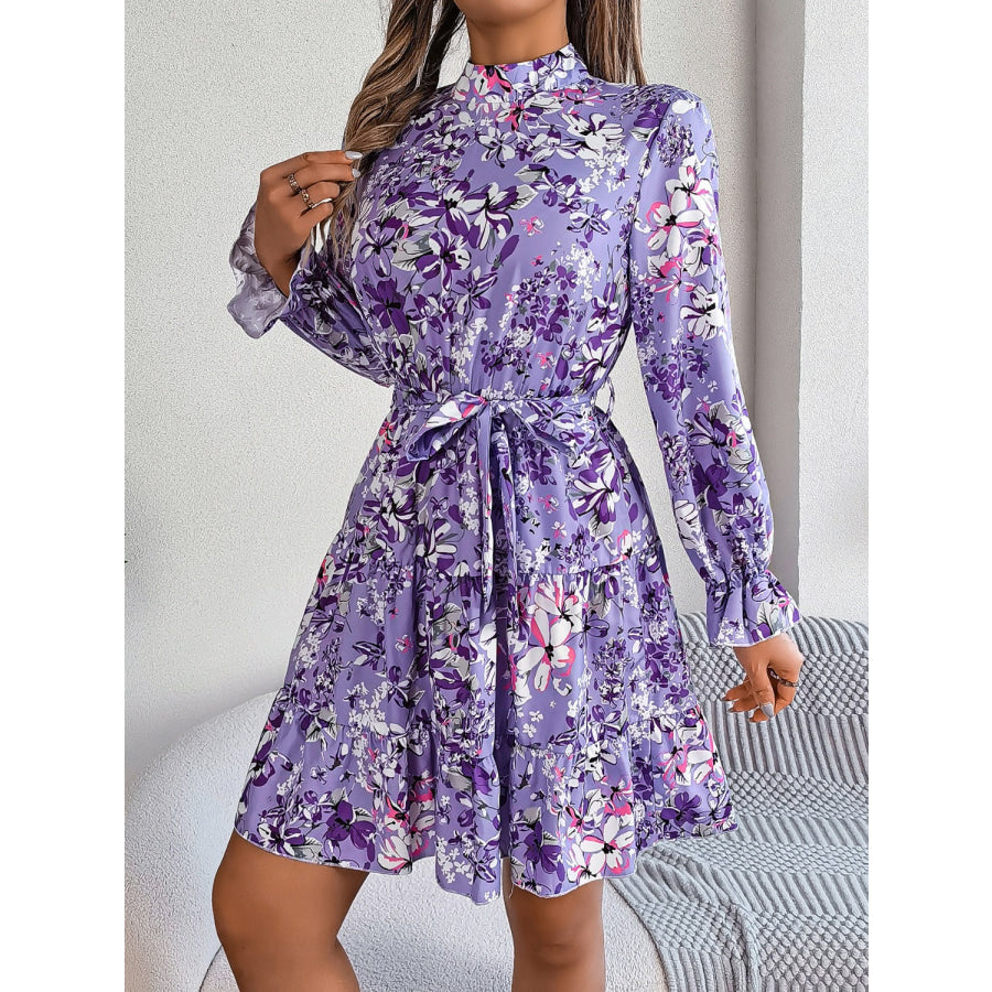 Printed Mock Neck Flounce Sleeve Mini Dress Apparel and Accessories